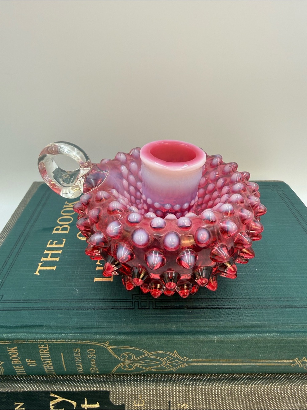 Vintage Fenton Opalescent Cranberry Hobnail Candlestick Holder EAPG